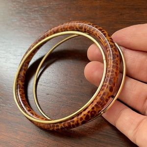 Bundle of 3 gold tone metal and leopard pattern wood bangle bracelets